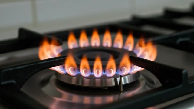 Gas stove burner emitting flames in a modern kitchen  