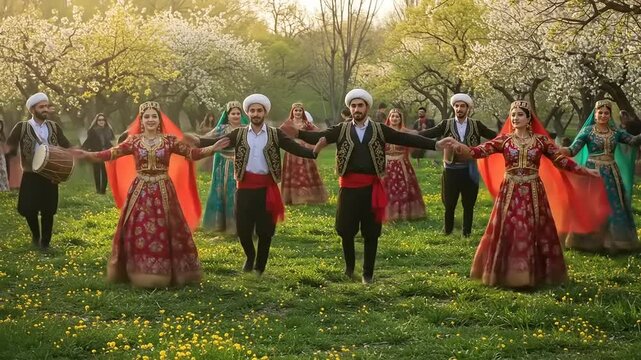 Traditional dancers in colorful attire performing in a blooming orchard during a cultural festival