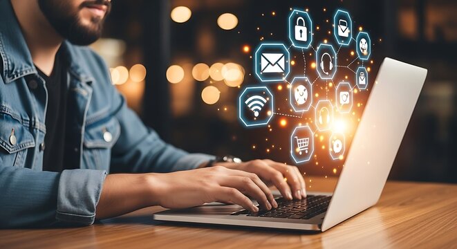Man working on laptop with internet and digital communication icons