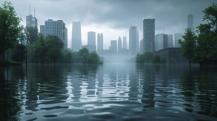 A vast cityscape partly submerged underwater inundated by floods