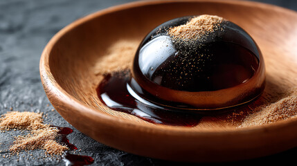 Transparent brown jelly dessert with syrup and powder on wooden plate, glossy surface and smooth texture
