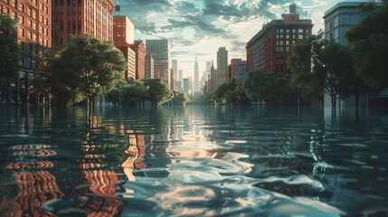 Fototapeta premium A vast cityscape partly submerged underwater inundated by floods