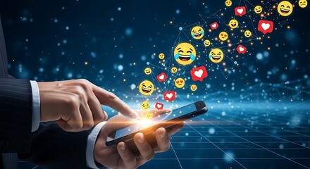 Person interacting with mobile phone with social media emojis
