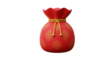 Red Luck Bag 3D with Gold Chinese Pattern Symbolizing Wealth PNG