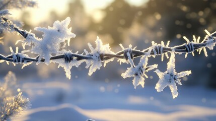Obraz premium Frosty Barbed Wire with Sparkling Ice Stars in Winter Landscape
