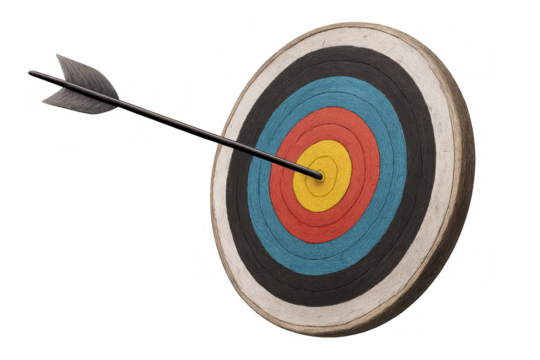 Arrow piercing bullseye on transparent background, symbolizing precision, target achievement, goal accuracy