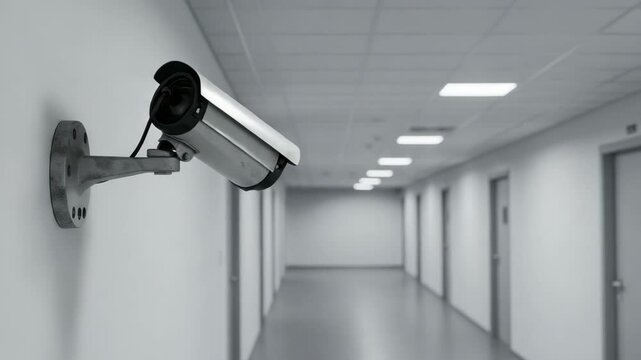 Security camera mounted on wall in empty corridor with lights  