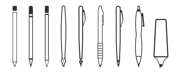 Pen and pencil icon set. Writing and drawing tools. Vector illustration on transparent background.