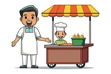 Friendly chef and assistant at a colorful food cart serving delicious snacks and fresh fruit under a striped awning