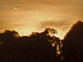 A stunning illustration of a natural landscape. The sun slowly rises from behind the hills, emitting a golden light that illuminates the entire surface of the earth.