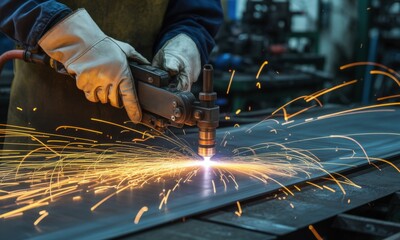 Skilled worker gloved hands operating a plasma cutter on metal with bright sparks