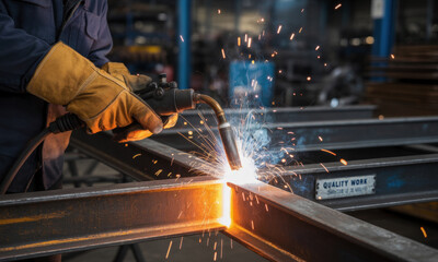 Skilled welder hands in protective gloves performing metal welding with bright sparks in an industrial factory.