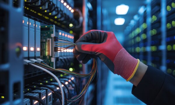 IT technician hand connecting wires to network server in data center