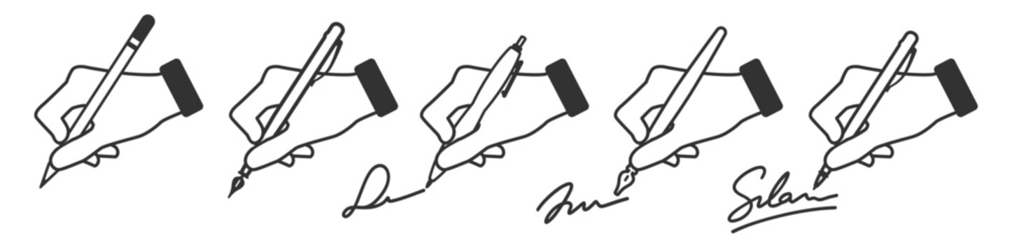 Signature icon set. Hand with pen drawing autograph or signing document. Vector illustration on transparent background.