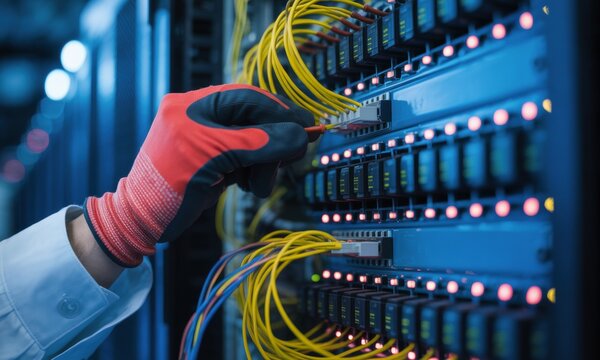 Data center technician connecting network cable to server rack with blinking lights