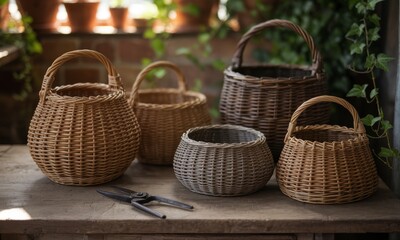 Obraz premium Five woven rattan baskets and gardening shears on a wooden table with green plants