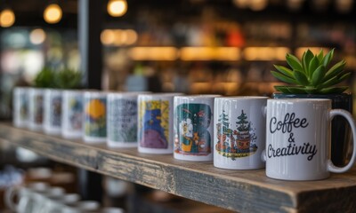 Custom designed ceramic coffee mugs with unique prints and a coffee & creativity mug on display