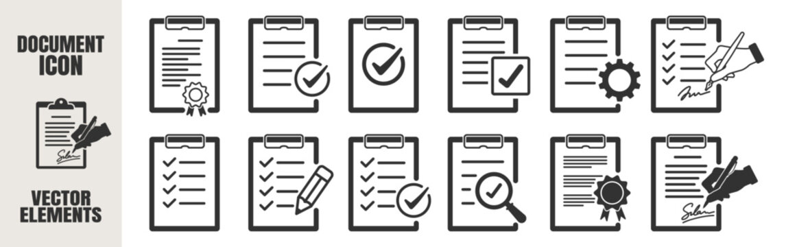 Document icons set. Paper file, checklist, certificate, clipboard with gear, checkmark, pencil, magnifier. Legal and approval signs. Vector illustration on transparent background.