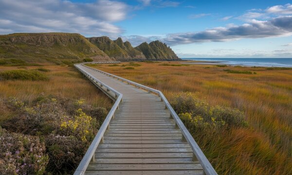 Long wooden boardwalk path through golden coastal marshland leading to sea cliffs and ocean