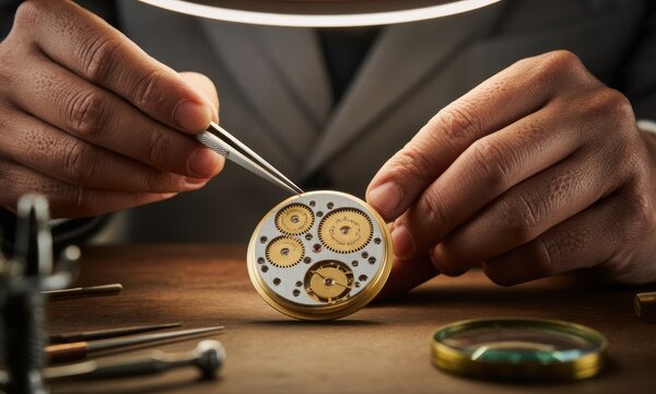Watchmaker hands assembling intricate mechanical watch movement with precision tools