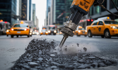 Pneumatic jackhammer breaking asphalt on a busy city street construction site