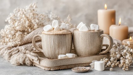 Two mugs of warm drink topped with marshmallows, on a tray, with candles and neutral decor