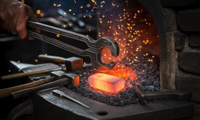 Blacksmith holding red hot metal with tongs in a fiery forge with sparks