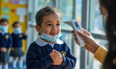 Schoolgirl in uniform with face mask getting temperature checked by teacher at school