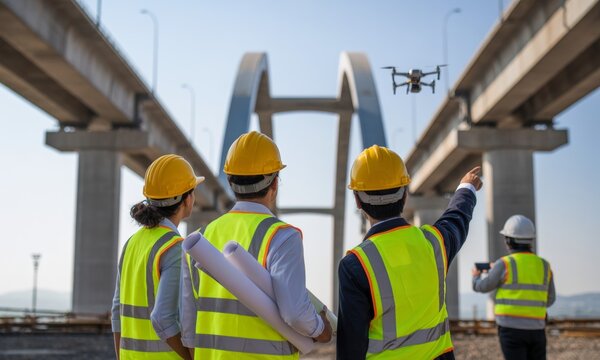 Team of engineers in safety gear overseeing drone inspection at a large bridge construction site.