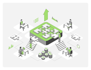 Cartoon Color Team Growth Marketing Concept 3d Isometric View Line Elements. Vector illustration of Teamwork Opportunity