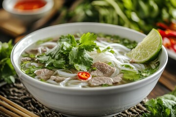Bowl of hot pho soup with herbs and lime