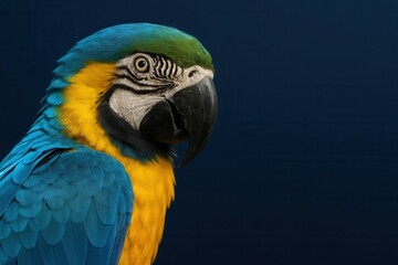 A vibrant blue parrot with striking yellow and black feathers stands out against a dark blue background, its gaze directed towards something unseen
