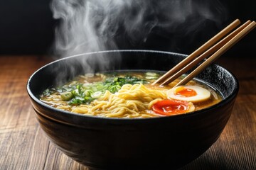 Steaming ramen bowl with egg and vegetables