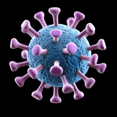 A detailed 3D illustration of a zika virus particle with a blue spherical body and purple spike proteins on a black background.