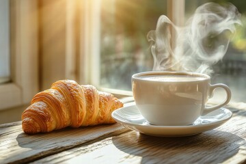 French breakfast set with steaming coffee