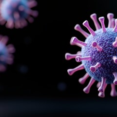 Close-up 3D illustration of a purple and pink zika virus particle with spike proteins against a dark background.