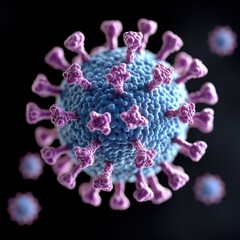 A detailed 3D rendering of a zika virus particle with spike proteins protruding from its textured blue surface against a dark background.