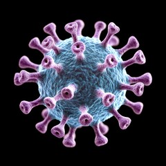 A 3D illustration of a zika virus particle showing spike proteins protruding from a spherical surface, set against a black background.