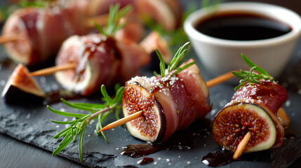 Prosciutto wrapped figs on skewers topped with balsamic glaze served on a slate platter garnished with herbs during a culinary gathering