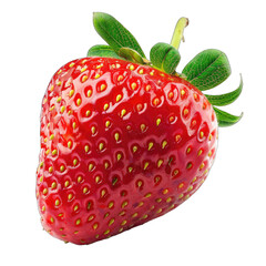 Close-up of a single, ripe strawberry.  Bright red skin with numerous small,  yellowish seeds.  Green leaves at top