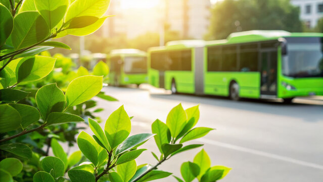 Greenery transportation sustainable smart city. Green bus leaf sunlight eco friendly transportation urban sustainable city environment morning. Eco friendly tech, green energy technology