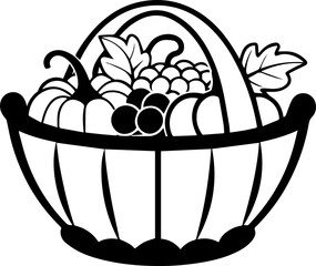 Fototapeta premium Fruit and vegetables in a basket, SVG with clean lines.Black and White Illustration of a Fruit Basket Design