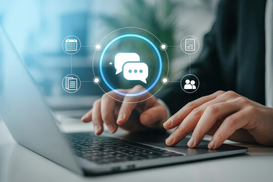 A person is typing on a laptop with communication and planning icons floating above the keyboard, representing digital connectivity