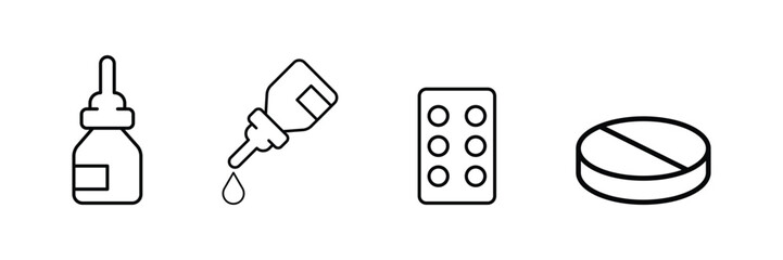 Eye drop tablet pill blister pack medicine bottle icon vector illustration for pharmaceutical healthcare treatment and clinical medical packaging design.