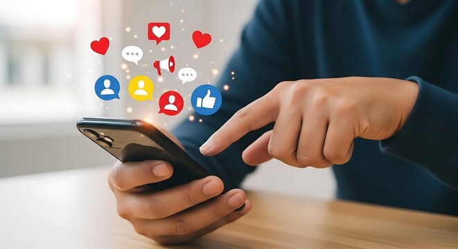 Person using smartphone to interact with social media icons