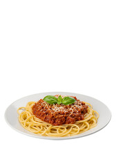Fototapeta premium Isolated Spaghetti Bolognese with Basil and Parmesan on Plate Dish