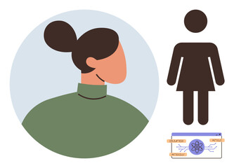 Female profile in green top within circular frame, woman silhouette, and science diagram with nucleus and arrows. Ideal for biology, health, diversity, education, knowledge, identity simple landing