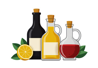 Isolated Olive Oil and Vinegar Bottles with Lemon