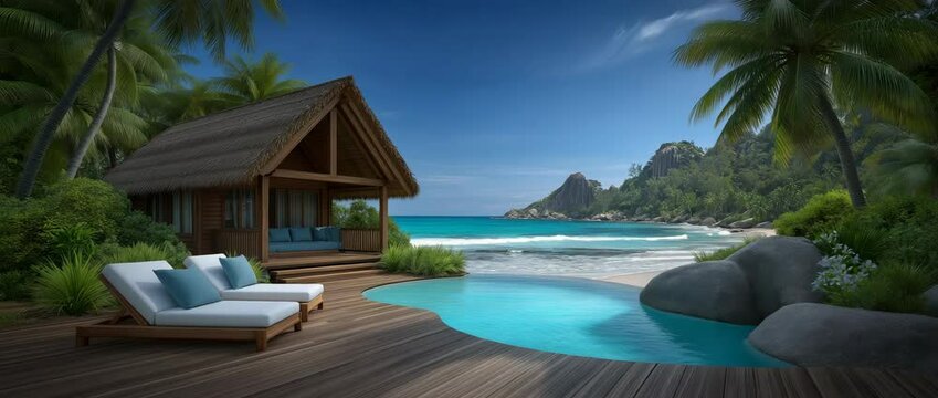 Tropical Beachfront Haven: A luxurious beachfront retreat nestled amongst lush palm trees, boasting a serene pool and panoramic views of the turquoise ocean under a brilliant blue sky.