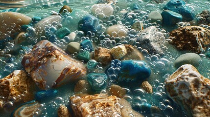 Blue and white sea glass nestled amidst rocks and semi-precious stones